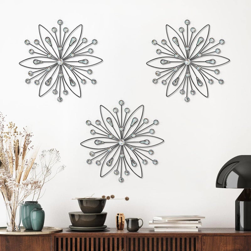 ZEXUIRU 3 Pack Black Sunburst Wall Decor â€“ Metal Crystal Wall Art with Sparkling Rhinestones, 14â€™â€™/18 Inch Starburst Wall Hanging Set for Living Room Bedroom Bathroom â€“ Modern Bling Home Decorations - Image 1
