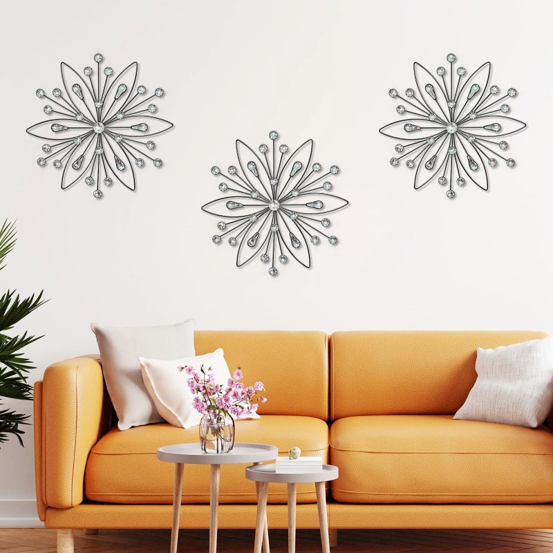 ZEXUIRU 3 Pack Black Sunburst Wall Decor â€“ Metal Crystal Wall Art with Sparkling Rhinestones, 14â€™â€™/18 Inch Starburst Wall Hanging Set for Living Room Bedroom Bathroom â€“ Modern Bling Home Decorations - Image 2