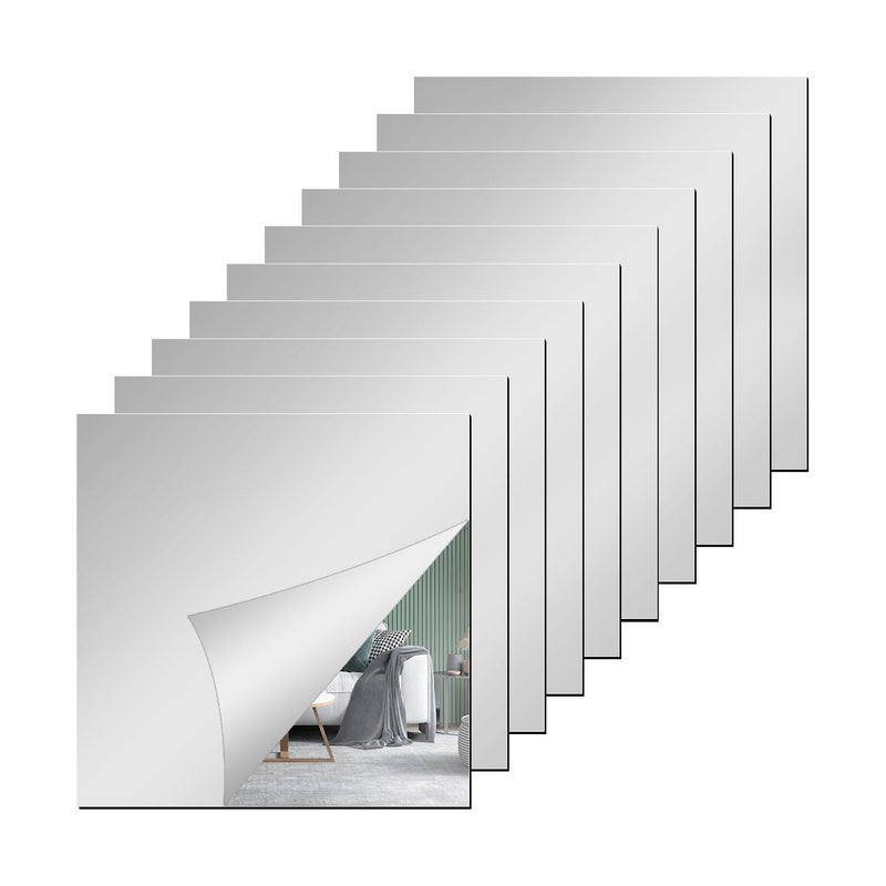 QEEYON 10 Pcs Flexible Mirror Sheets SelfAdhesive Mirrors 2mm Thickened Acrylic Mirror Full Length Wall Mirrors 15 x 15cm Plastic Mirror Tiles NonGlass Mirror for Bathroom Bedroom Door etc