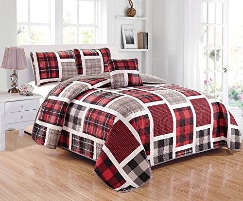 Linen Plus Full Size 4pc Quilted Bedspread Set for Teen Boys Patchwork Plaid Red Grey Black White New - Image 1