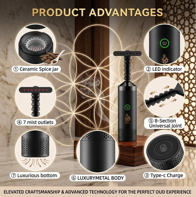 Bukhoon USB Rechargeable, Portable Electric Bakhoor Burner with Flexible Extension Neck Handheld Electronic Mabkhara for Clothes and Home Fragrance - Image 3
