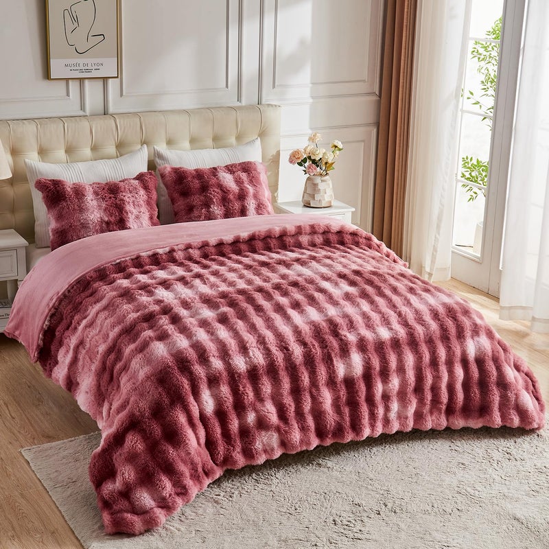 Lotus Karen Lotus Karen Fluffy Comforter Cover Set-Rabbit Fluff Faux Fur Duvet Cover Full Size Tie-Dye Pink Plush Fuzzy Furry Bedding Sets 3Pieces(1 Duvet Cover & 2 Pillow Shams) Zipper Closure  - Image 4