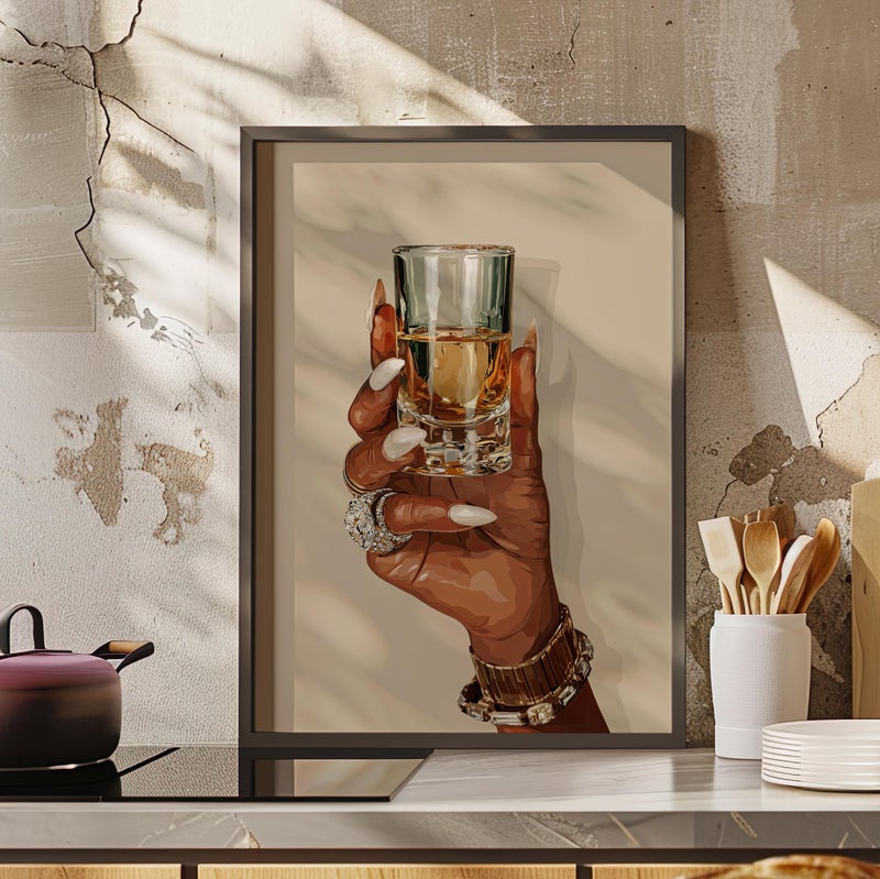 TNESSENTIAL African American Woman Hand Holding Shot Glass Wall Art Poster or Canvas Print, Afrocentric Liquor Print, Bar Cart Decor Black Female Poster - Image 1
