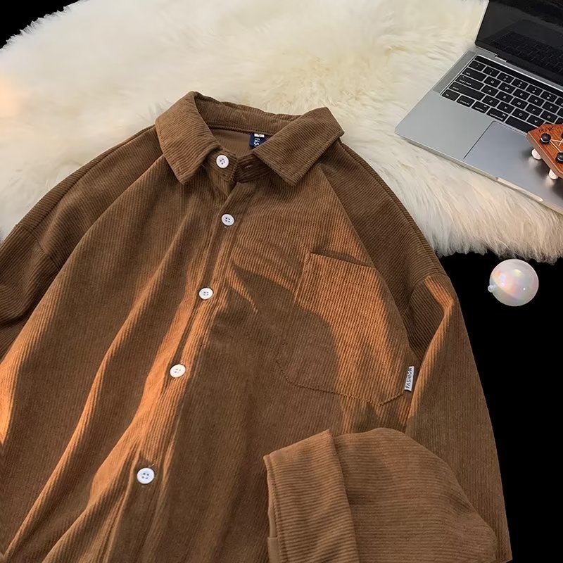Japanese retro corduroy shirt mens long sleeve ins fashion brand loose casual shirt spring and autumn Korean style fashion coat Brown - Image 1