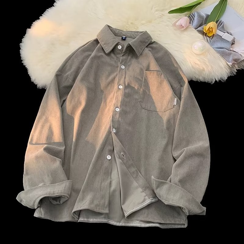 Japanese retro corduroy shirt mens long sleeve ins fashion brand loose casual shirt spring and autumn Korean style fashion coat Brown - Image 3