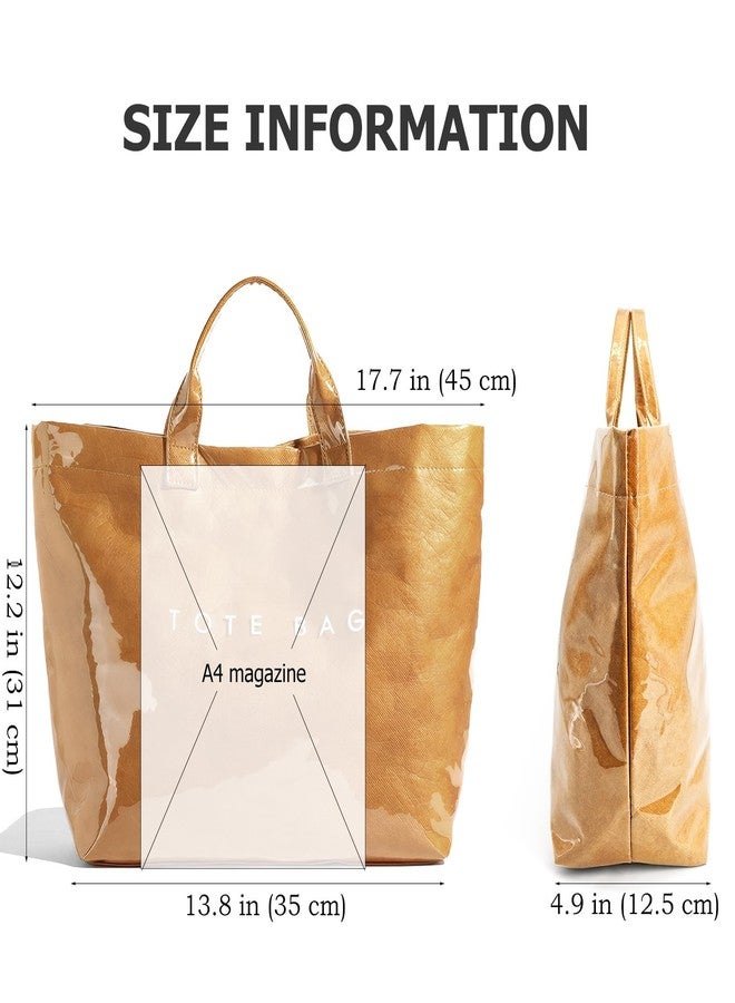 RUNSOON PVC Trendy Tote Bag for Women, Kraft Paper Letter Print Tote Bag Large Work Tote Handbag with Top Handle, Brown, Large - Image 5