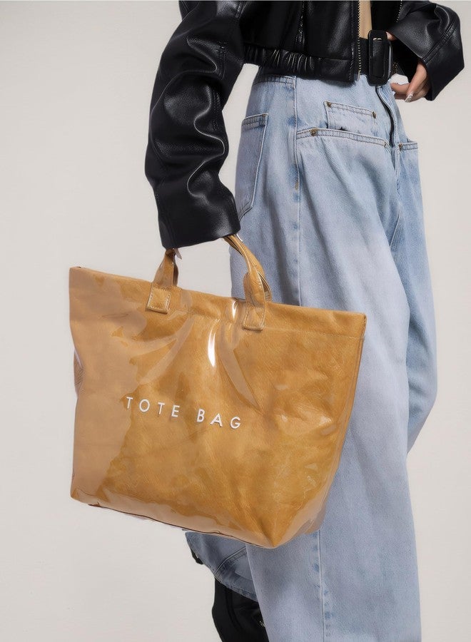 RUNSOON PVC Trendy Tote Bag for Women, Kraft Paper Letter Print Tote Bag Large Work Tote Handbag with Top Handle, Brown, Large - Image 3