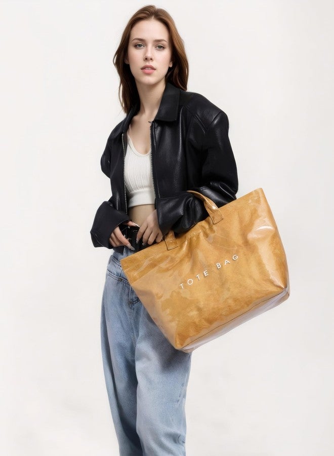 RUNSOON PVC Trendy Tote Bag for Women, Kraft Paper Letter Print Tote Bag Large Work Tote Handbag with Top Handle, Brown, Large - Image 2