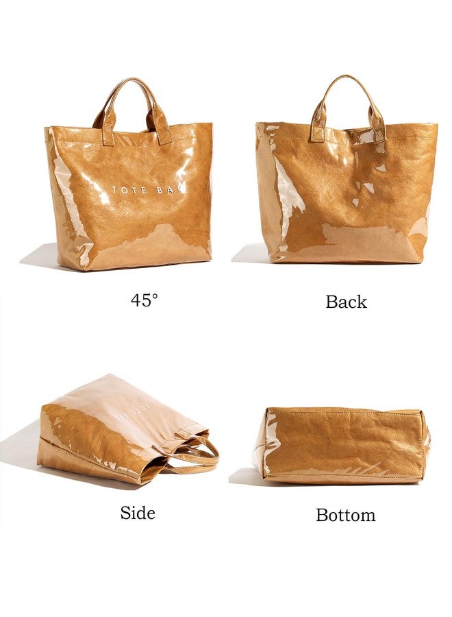RUNSOON PVC Trendy Tote Bag for Women, Kraft Paper Letter Print Tote Bag Large Work Tote Handbag with Top Handle, Brown, Large - Image 4