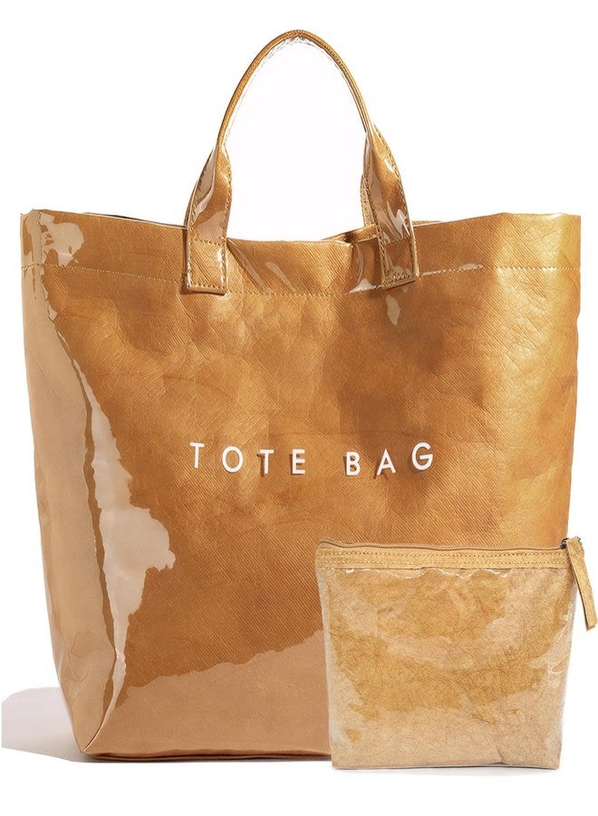 RUNSOON PVC Trendy Tote Bag for Women, Kraft Paper Letter Print Tote Bag Large Work Tote Handbag with Top Handle, Brown, Large - Image 1