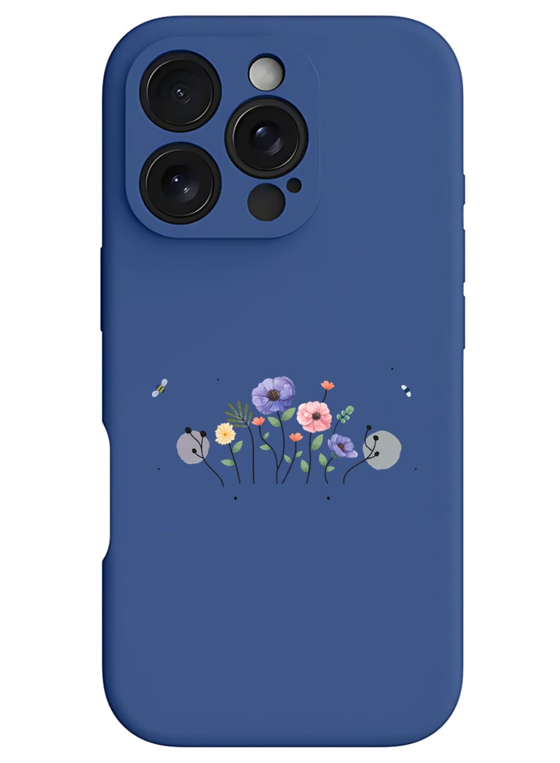 Theodor iPhone 16 Pro Max Blue Protective Slim Fit Case Liquid Silicone Cover with Full Body Protection Anti-Scratch Shockproof Case For iPhone - Flower and bees - Image 1