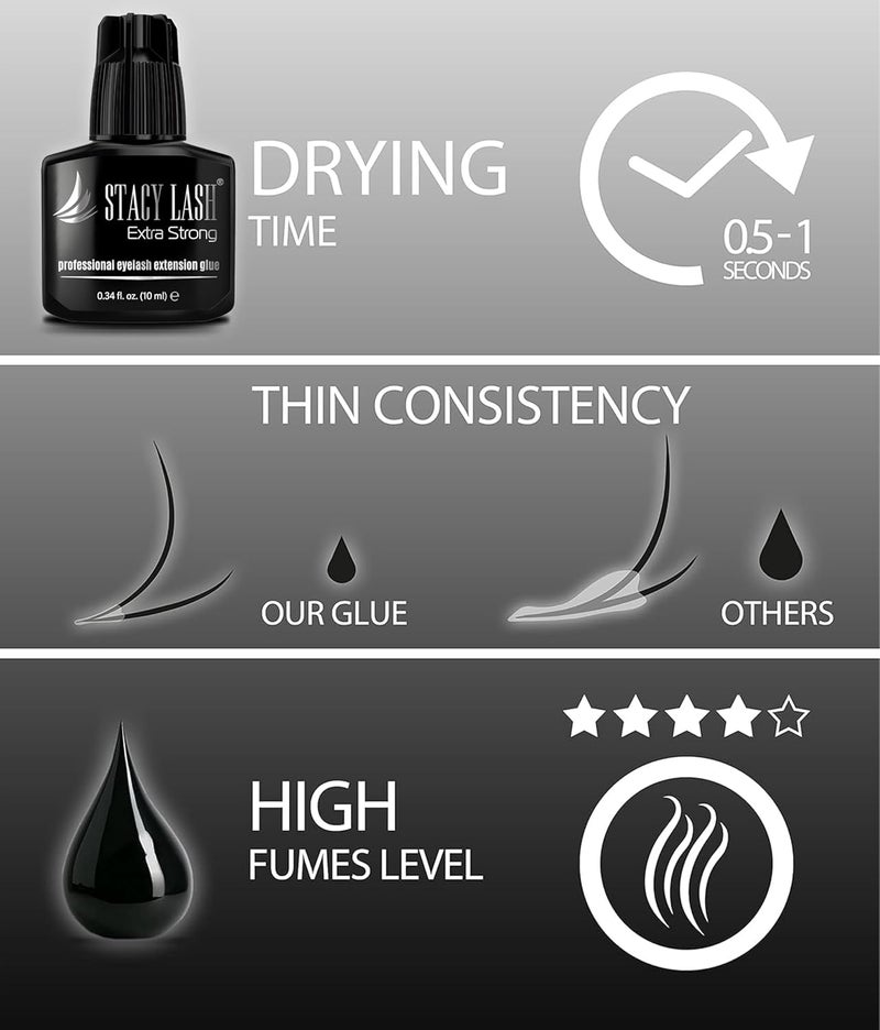 Stacy Lash Extra Strong Eyelash Extension Glue - 0.34 fl.oz/10 ml/ 0.5-1 Sec Drying time/Retention – 7 Weeks/Maximum Bonding Power/Black Adhesive for Semi-Permanent Extensions/Professional Supplies - Image 5