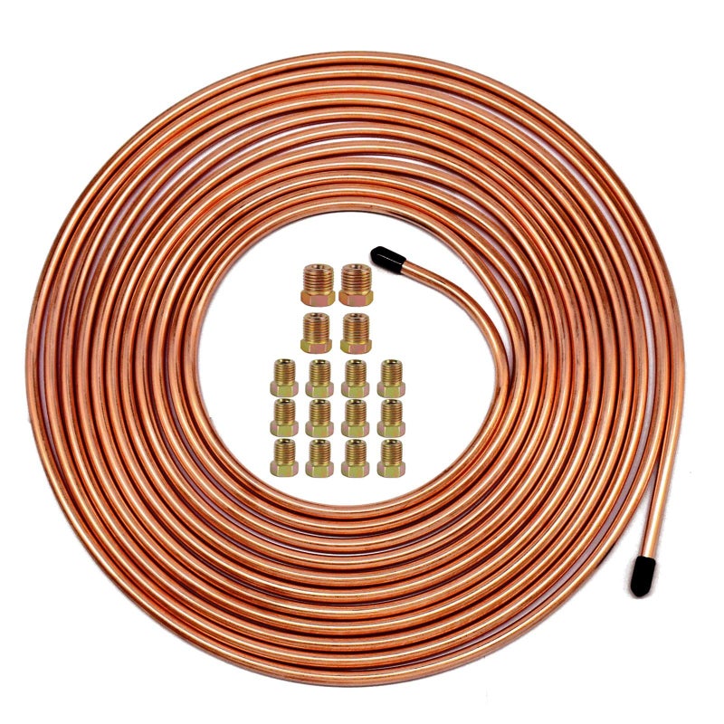 MuHize 14 Brake Line Upgraded 25 Ft Brake Line Kit2025 New 14 Flexible Copper Coated Brake Line Tube RollIncludes 16 Inverted Flare Fittings