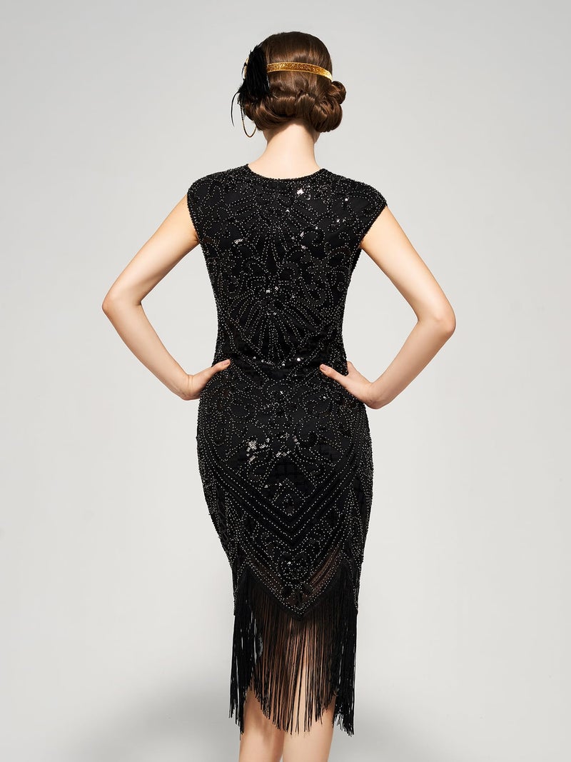 SWEETV Women's Black Flapper Dresses 1920s Great Gatsby Dresses Sequin Fringed Roaring 20s Cocktail Dress Large - Image 3