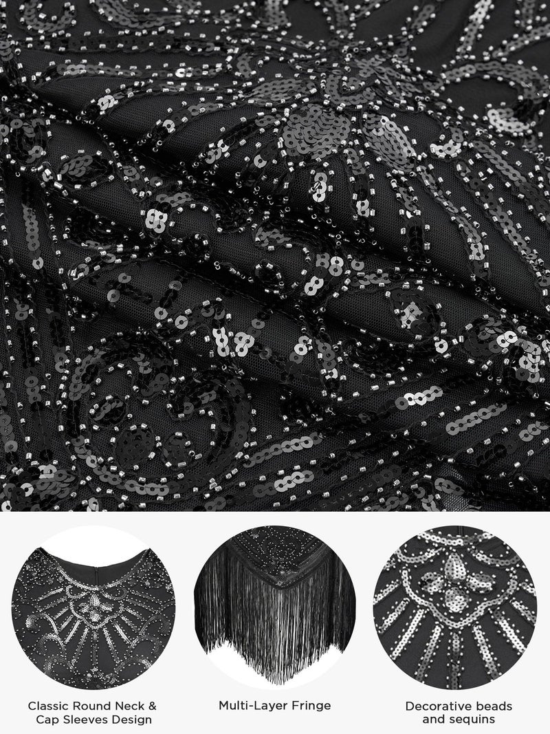 SWEETV Women's Black Flapper Dresses 1920s Great Gatsby Dresses Sequin Fringed Roaring 20s Cocktail Dress Large - Image 5