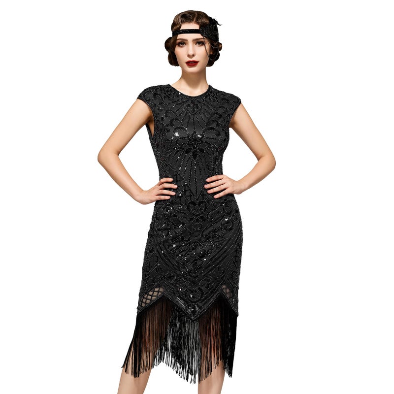 SWEETV Women's Black Flapper Dresses 1920s Great Gatsby Dresses Sequin Fringed Roaring 20s Cocktail Dress Large - Image 1