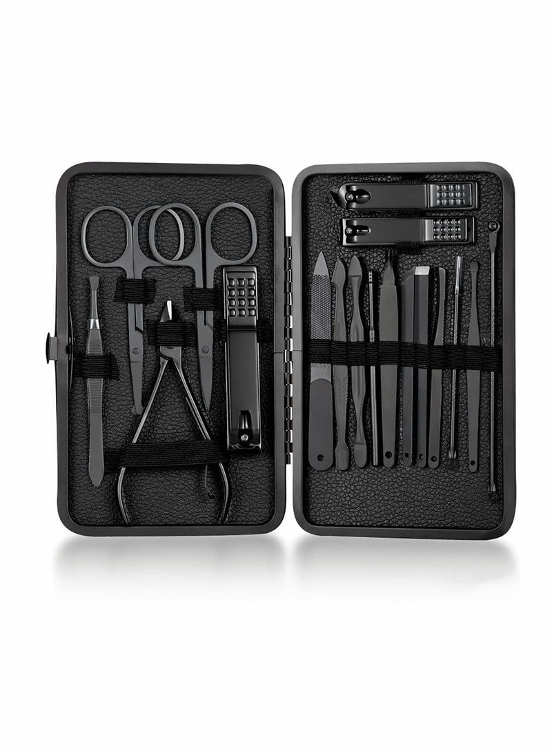 18 Piece Professional Nail Clipper Set in Black Stainless Steel for Men and Women with Durable Metal Case for Perfect Pedicure and Manicure - Image 1