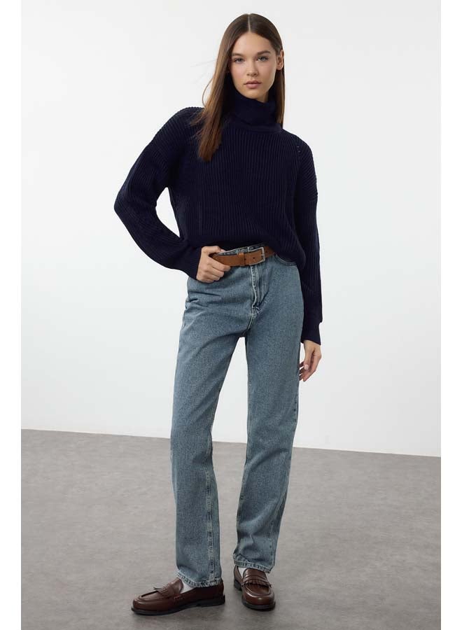 trendyol Navy Blue Crop Turtleneck Knitwear Sweater TWOAW25KZ00002 - Image 3