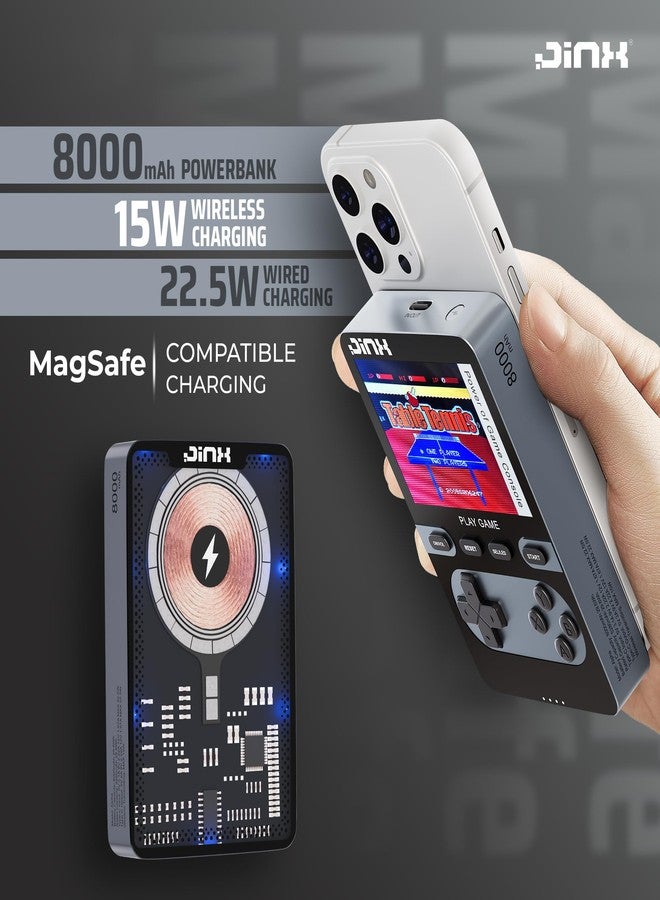 JINX Alpha Wireless Magnetic Powerbank with Retro Video Game|Classic Built-in Games with Powerbank|8000mAh 15W Li-Polymer Magsafe Compatible Power Bank Fast Charging for iPhone, Android (Grey) - Image 3