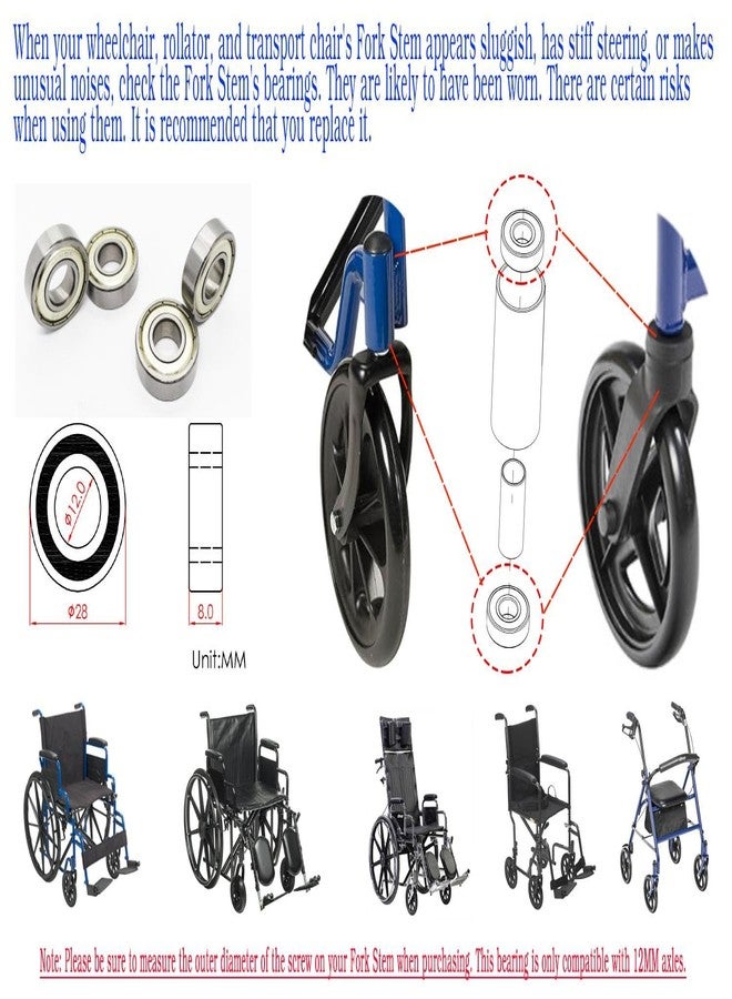 ForconMed Wheelchair Fork Stem Bearing,Rollator Fork Stem Bearing,Front Wheel Fork Bearings,Compatible with 12MM axles,ID12*OD28*T8mm,Transport Chairs,Rollator,Wheelchair Replacement Parts(4pcs) - Image 2