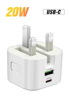 20W PD+QC3.0 UK Fixed Pin Fast Charger with Type-C & USB Ports – Compatible with iPhone 15/16 and All Type-C Devices