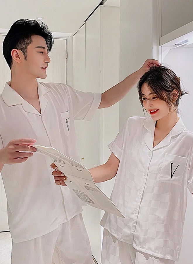 MARGOUN Pajama Large Men Large Women Pajamas Houndstooth Ice Silk Homewear Sleep Suit Nightwear Short Sleeve Sleepwear White - Image 2