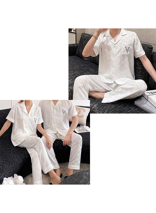 MARGOUN Pajama Large Men Large Women Pajamas Houndstooth Ice Silk Homewear Sleep Suit Nightwear Short Sleeve Sleepwear White - Image 4