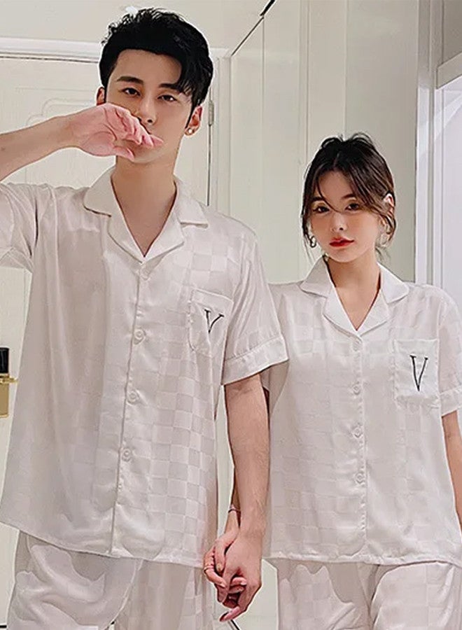 MARGOUN Pajama Large Men Large Women Pajamas Houndstooth Ice Silk Homewear Sleep Suit Nightwear Short Sleeve Sleepwear White - Image 3
