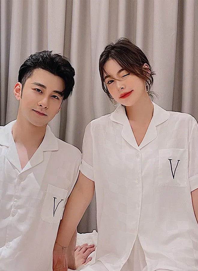 MARGOUN Pajama Large Men Large Women Pajamas Houndstooth Ice Silk Homewear Sleep Suit Nightwear Short Sleeve Sleepwear White - Image 5