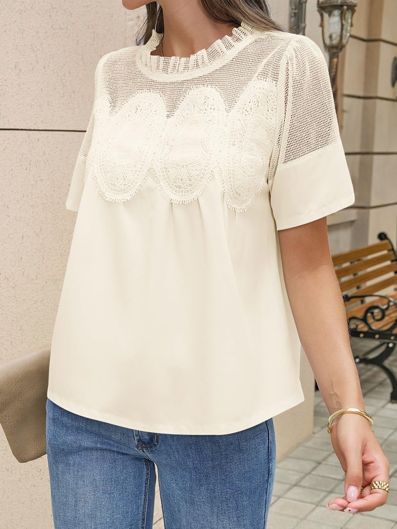 Cicy Bell Womens Babydoll Lace Blouses Short Sleeve Ruffle Crew Neck Peplum Tops Dressy Casual Loose Fit Shirts Beige - Image 4
