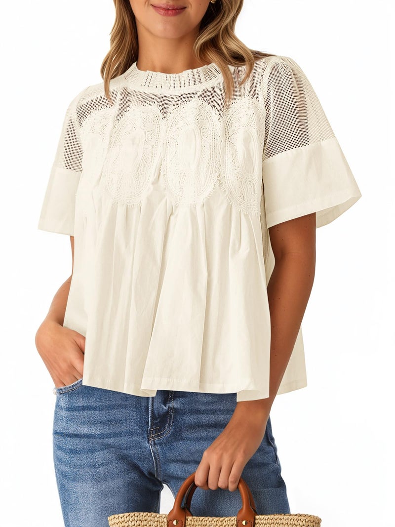 Cicy Bell Womens Babydoll Lace Blouses Short Sleeve Ruffle Crew Neck Peplum Tops Dressy Casual Loose Fit Shirts Beige - Image 1