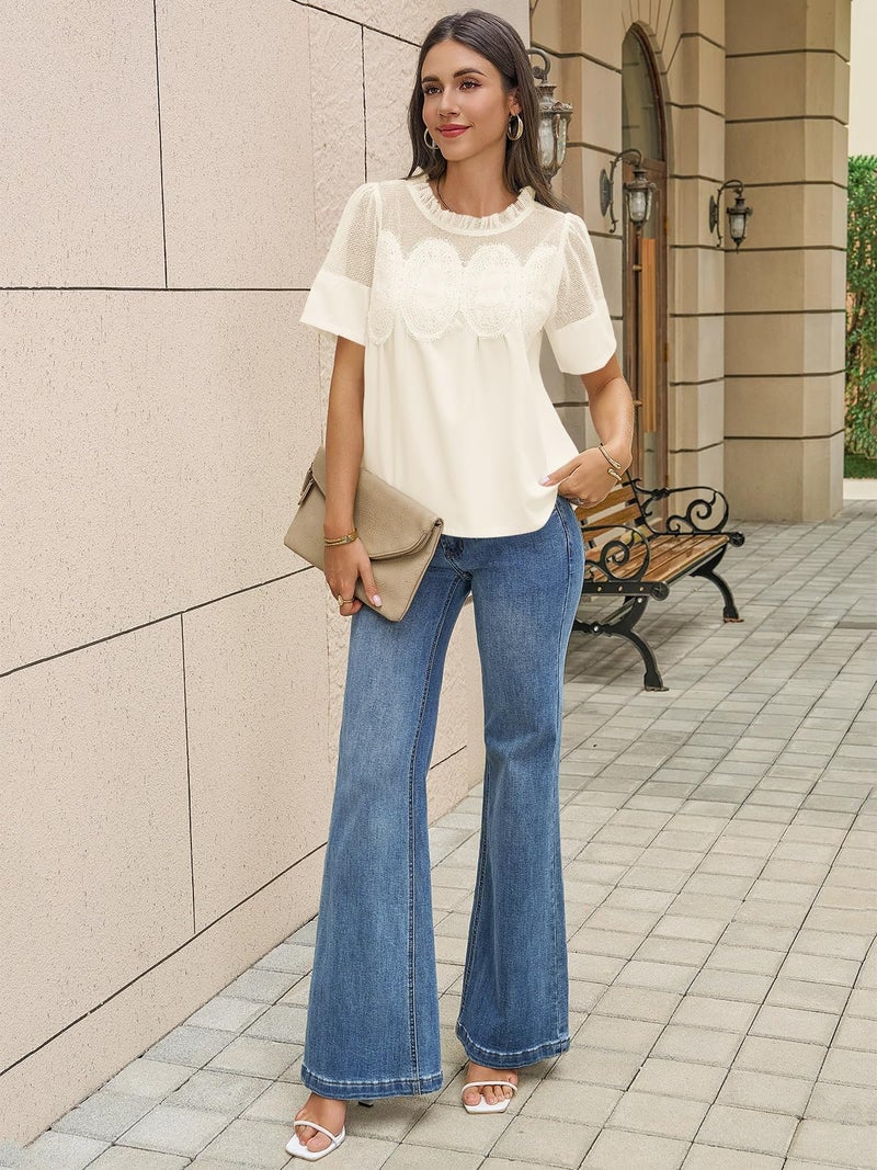 Cicy Bell Womens Babydoll Lace Blouses Short Sleeve Ruffle Crew Neck Peplum Tops Dressy Casual Loose Fit Shirts Beige - Image 5