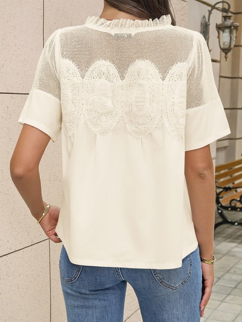 Cicy Bell Womens Babydoll Lace Blouses Short Sleeve Ruffle Crew Neck Peplum Tops Dressy Casual Loose Fit Shirts Beige - Image 3