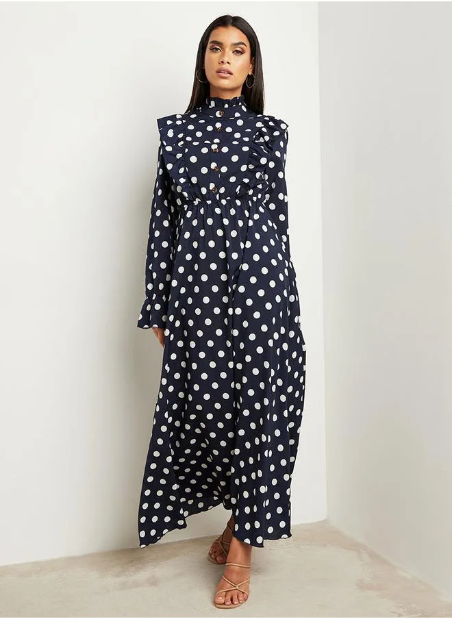Styli Polka Dot Printed Ruffled Maxi Dress