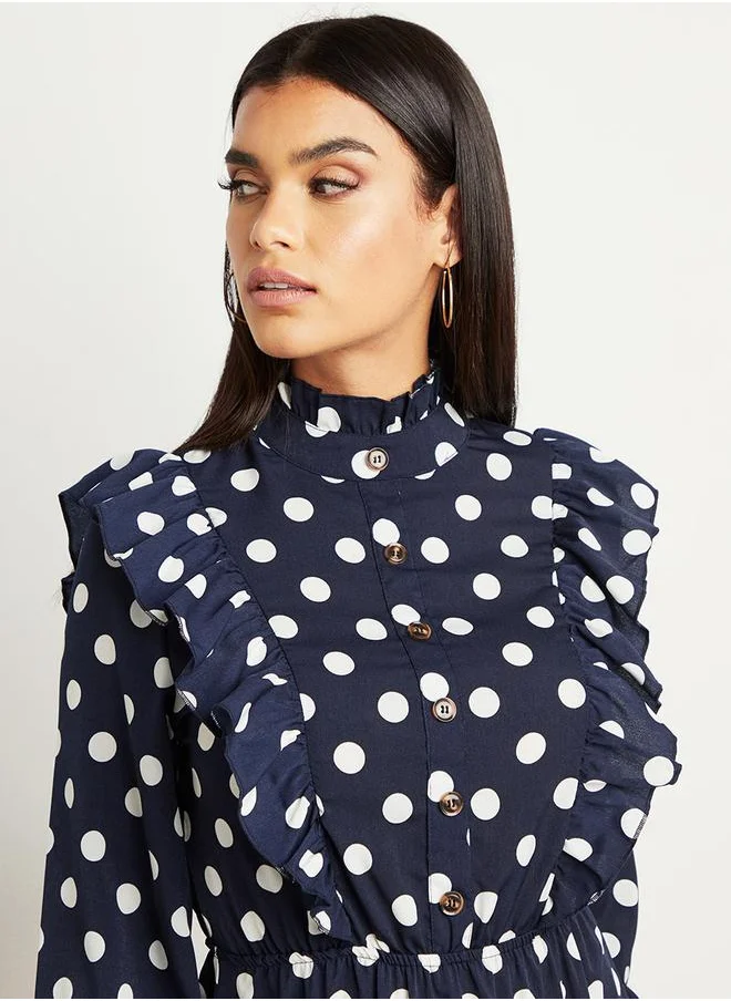 Styli Polka Dot Printed Ruffled Maxi Dress