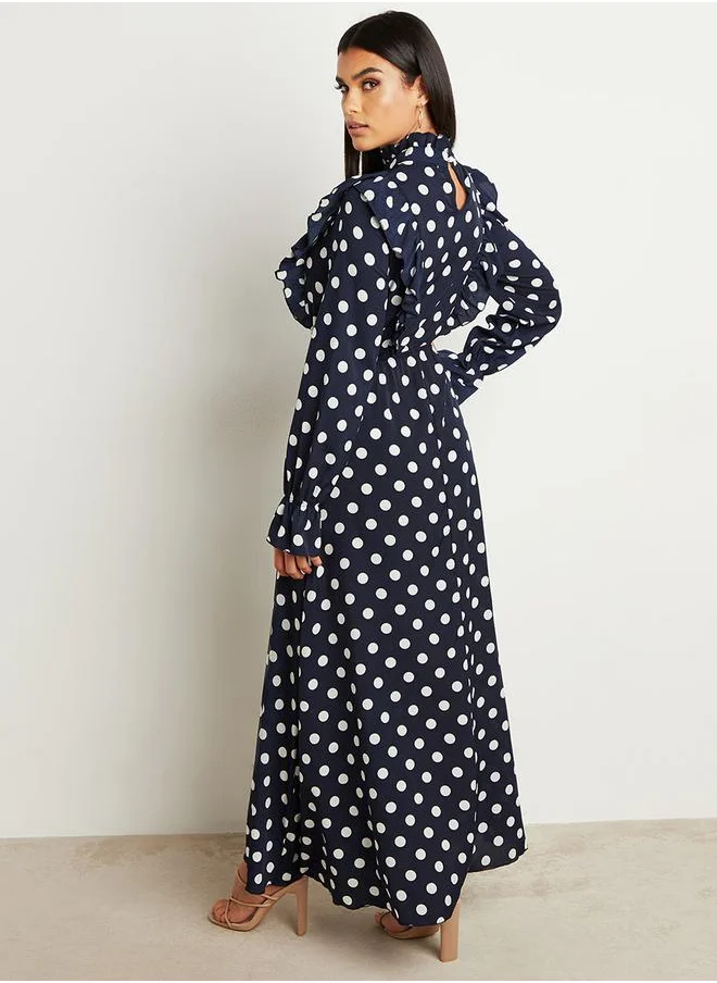 Styli Polka Dot Printed Ruffled Maxi Dress