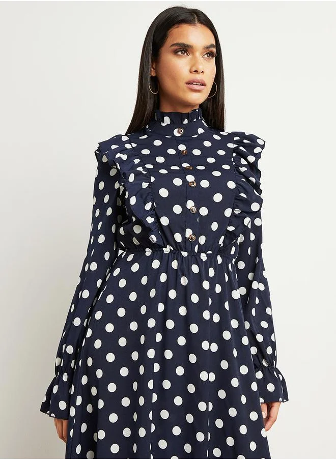Styli Polka Dot Printed Ruffled Maxi Dress