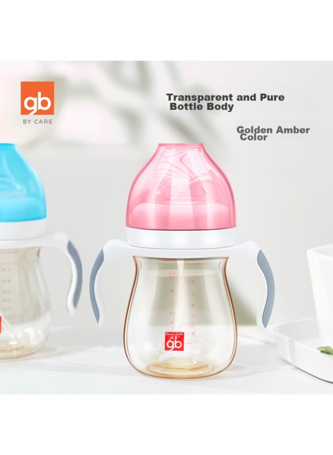 GB Goodbaby Ppsu Baby Bottle, Wide Neck, With Handle And Straw, Xiaohuomao Series, 240ml, Pink, 6 Months+ - Image 1