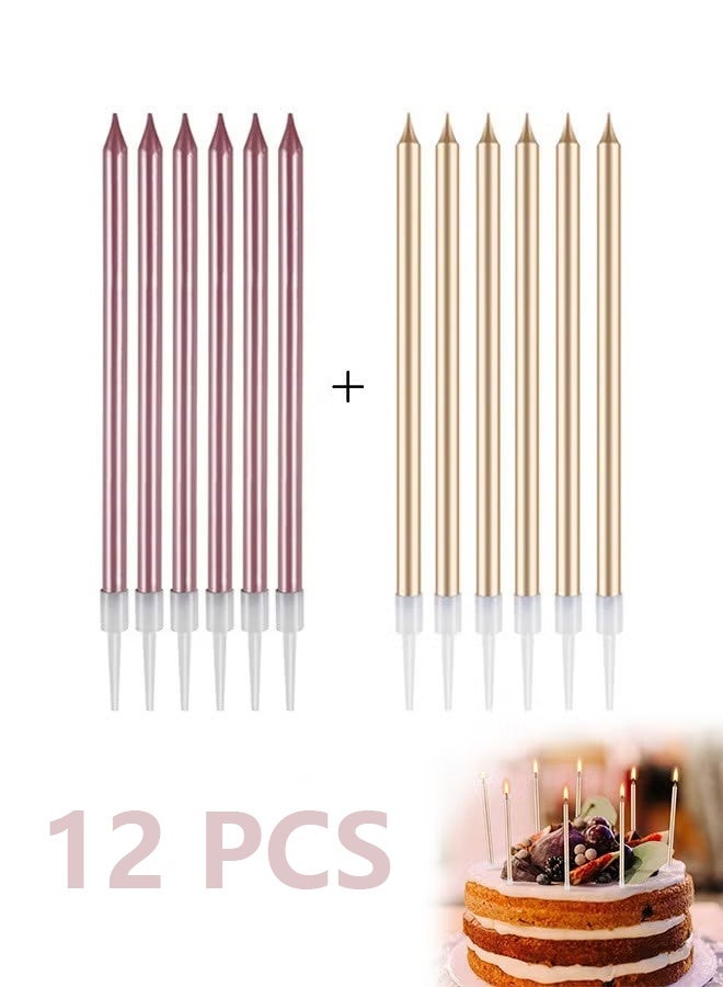 مجموعة ١٢ شمعة عيد ميلاد مطلية بالكهرباء، شموع طويلة ورفيعة قابلة للتحلل الحيوي مع حامل، شموع حفلات لكعكات أعياد الميلاد والكب كيك (ذهبي + وردي) - Image 1