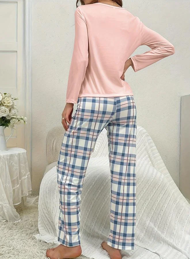Take Two Take Two Graphic Print Long Sleeve T-Shirt and Checked Pyjama Set