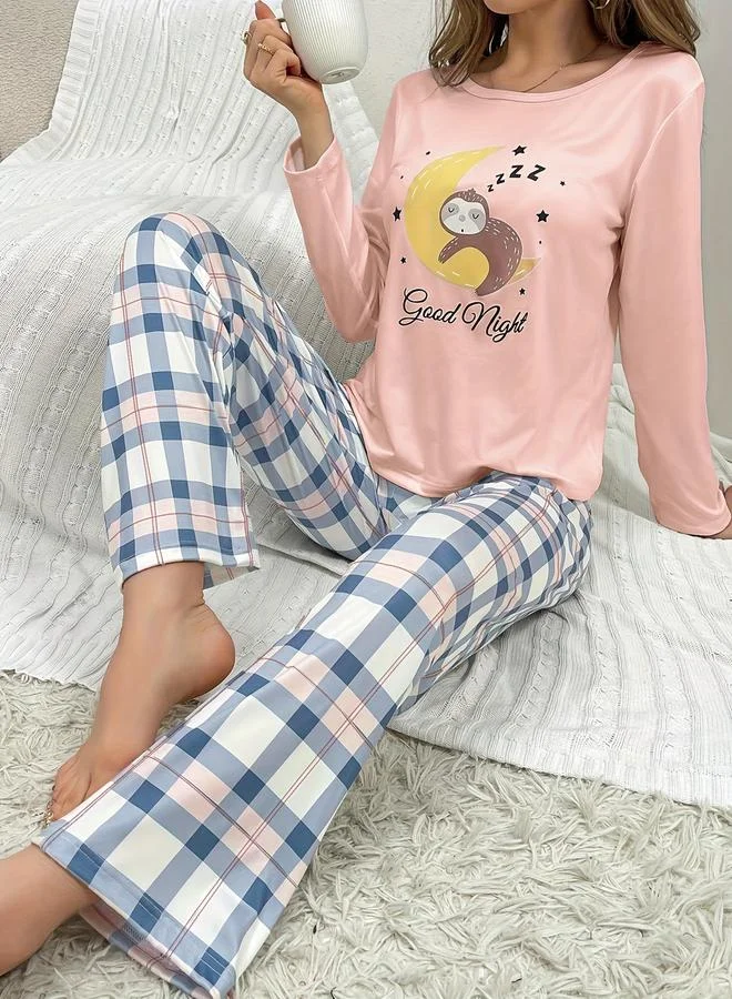 Take Two Take Two Graphic Print Long Sleeve T-Shirt and Checked Pyjama Set