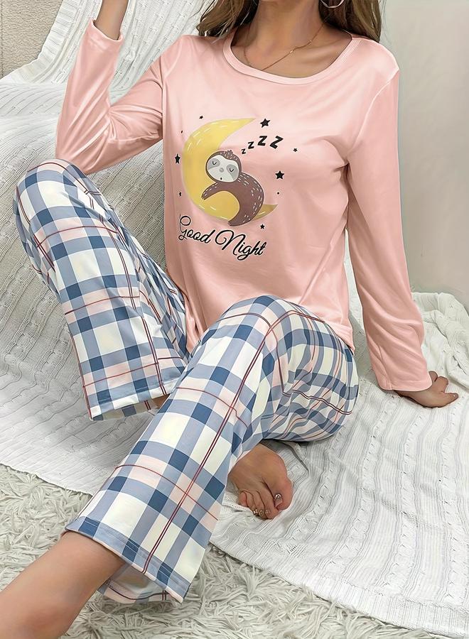 تايك تو طقم تيشيرت بأكمام طويلة بطبعة جرافيك مع بنطال بنقشة مربعات - Image 4