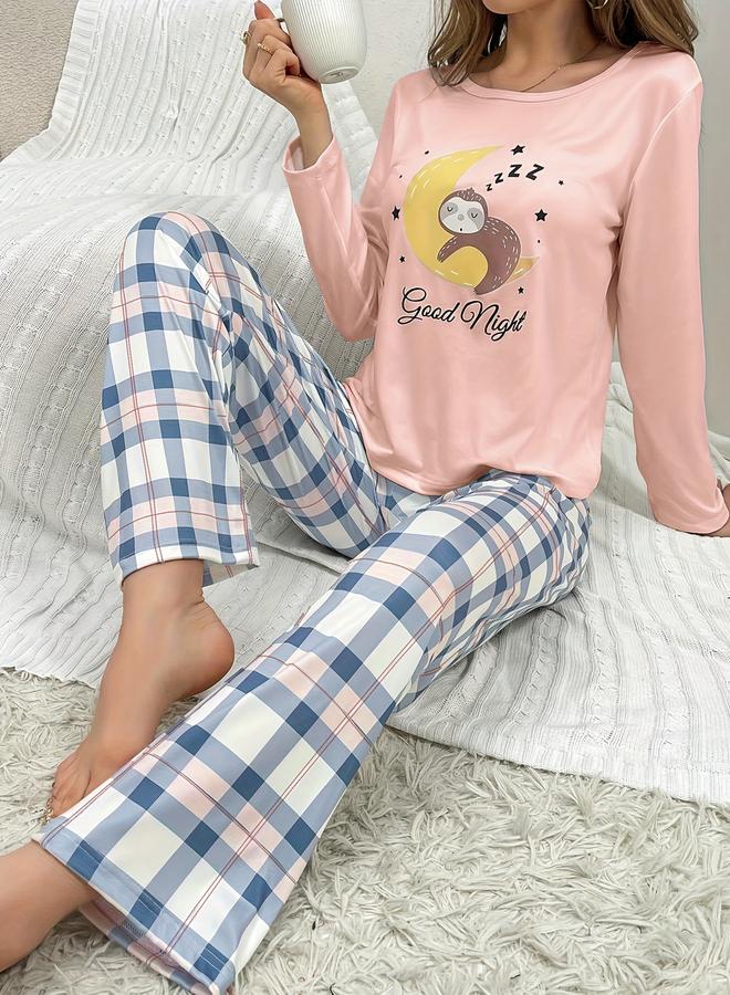 تايك تو طقم تيشيرت بأكمام طويلة بطبعة جرافيك مع بنطال بنقشة مربعات - Image 1