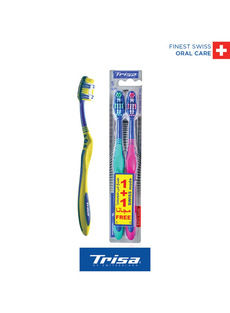 Trisa Flexible Head Soft Adult Toothbrush with Ergonomic Handle and Tongue Cleaner - Assorted Colors - Image 1