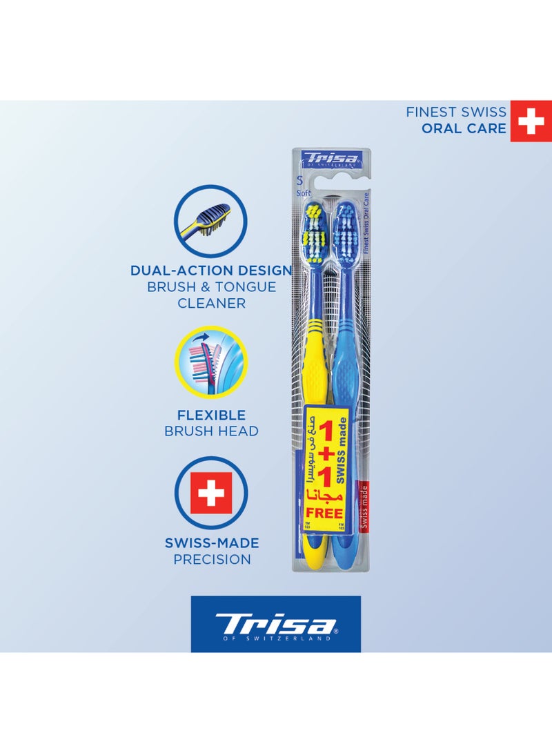 Trisa Flexible Head Soft Adult Toothbrush with Ergonomic Handle and Tongue Cleaner - Assorted Colors - Image 2