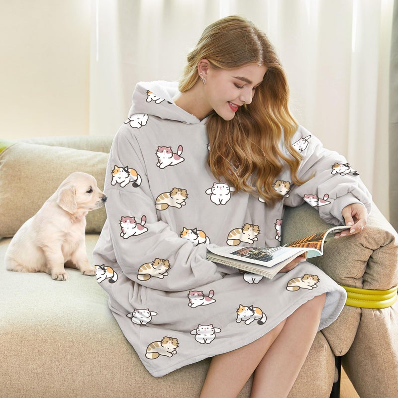 Felicigeely Oversized Wearable Blanket Hoodie  Blanket Sweatshirt for Adults Women Men Warm Cozy Cute Cat Pattern Hooded Blanket with Pockets and Sleeves Christmas Gift for Teens - Image 2