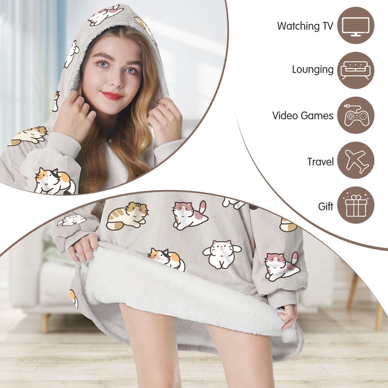 Felicigeely Oversized Wearable Blanket Hoodie  Blanket Sweatshirt for Adults Women Men Warm Cozy Cute Cat Pattern Hooded Blanket with Pockets and Sleeves Christmas Gift for Teens - Image 5
