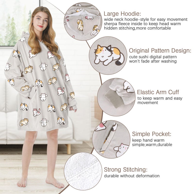 Felicigeely Oversized Wearable Blanket Hoodie  Blanket Sweatshirt for Adults Women Men Warm Cozy Cute Cat Pattern Hooded Blanket with Pockets and Sleeves Christmas Gift for Teens - Image 3