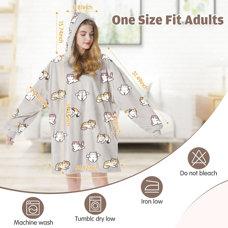Felicigeely Oversized Wearable Blanket Hoodie  Blanket Sweatshirt for Adults Women Men Warm Cozy Cute Cat Pattern Hooded Blanket with Pockets and Sleeves Christmas Gift for Teens - Image 4