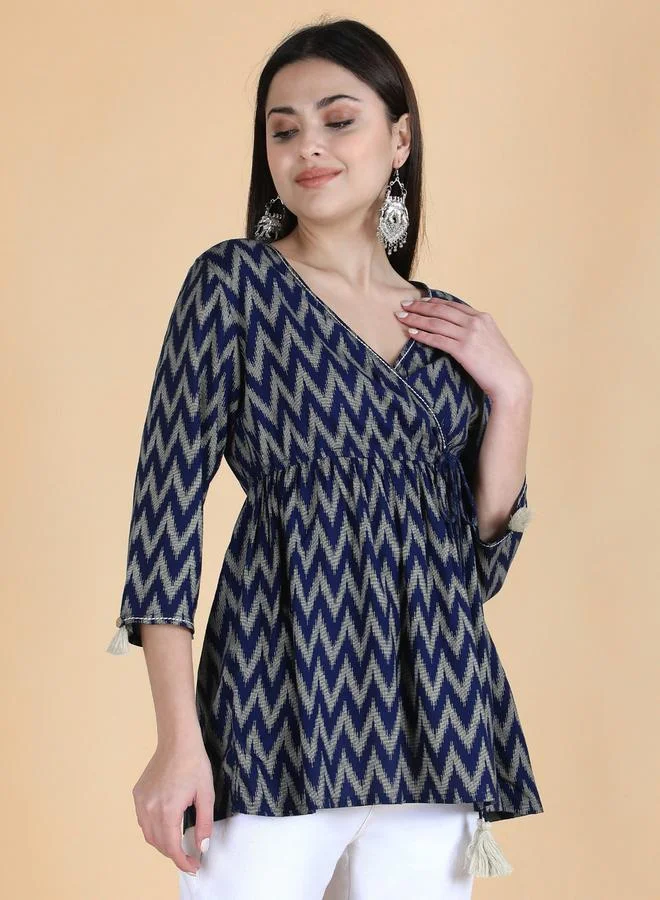 KASYA Blue Viscose Chevron Print Top
